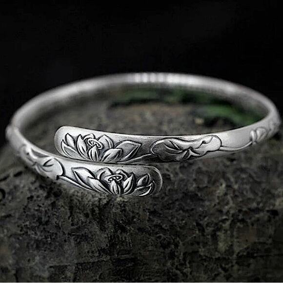 Sterling Silver Lotus Mantra Bangle Bracelet - Picture 5 of 9